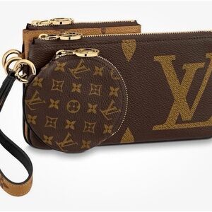 Louis V Brown and Tan Monogram Triple Zip Wristlet Pouch